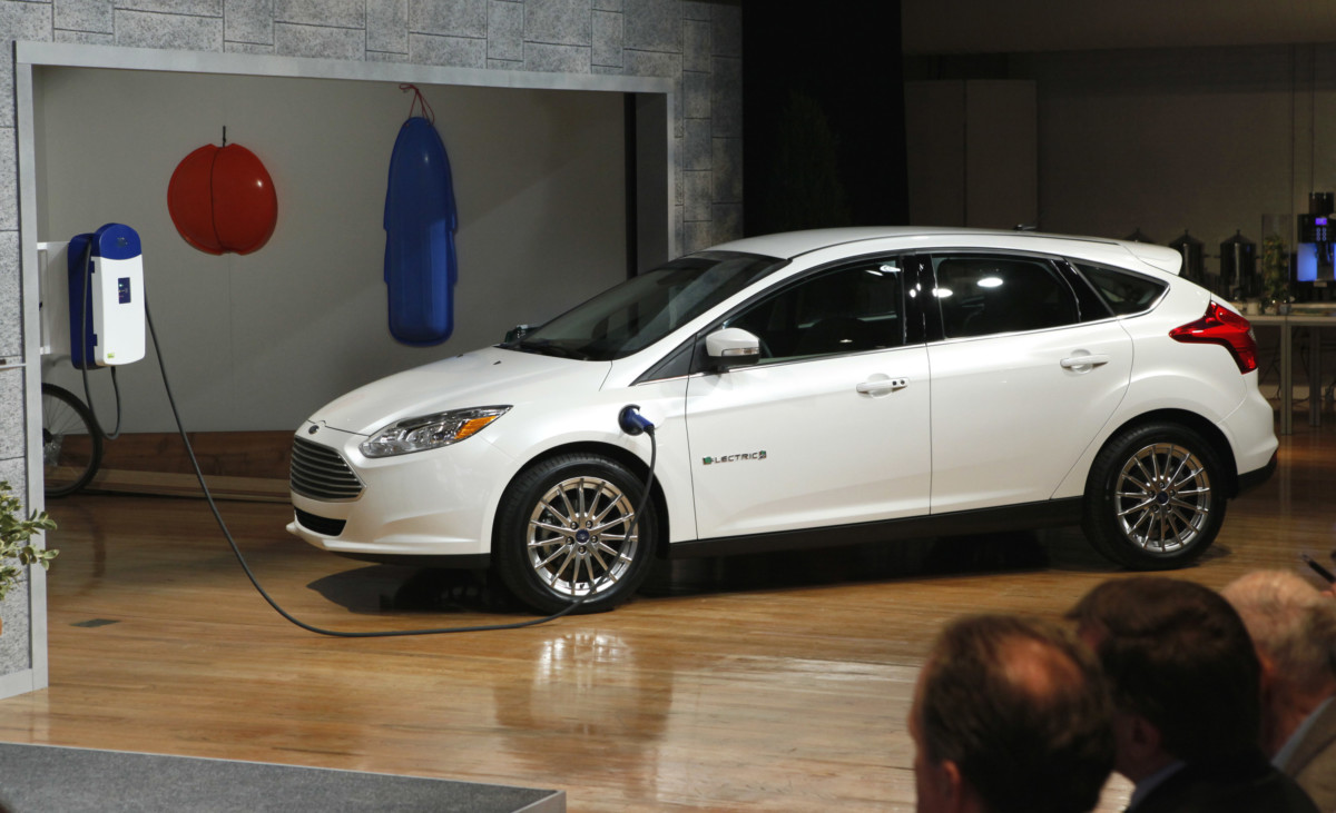  Ford Focus Electric is revealed for the first time in New York City, Friday, Jan. 7, 2011. The all new Ford Focus Electric is Ford's first all-electric passenger car and one of five new electrified vehicles Ford will deliver by 2012. (Photo/Stuart Ramson/Ford) (1/7/2011)